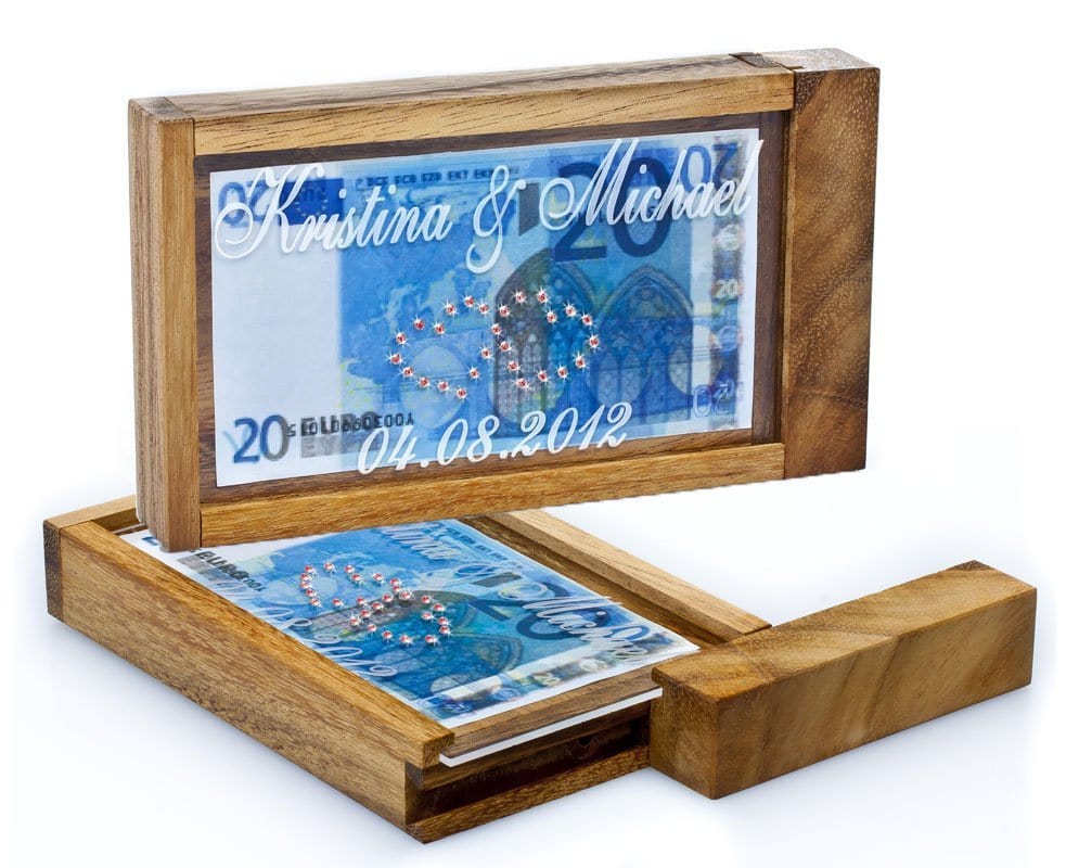 Magische Geldgeschenkbox mit Glitzer-Herzen und Druck