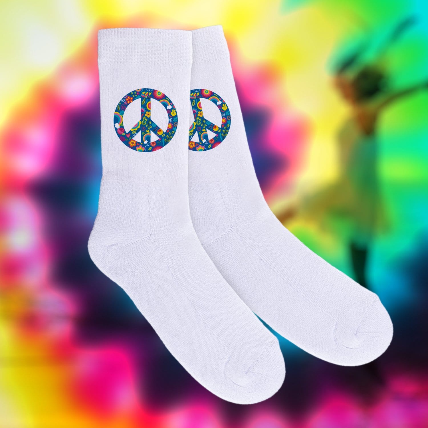 Socken bedruckt mit Peace-Zeichen in Regenbogenfarben