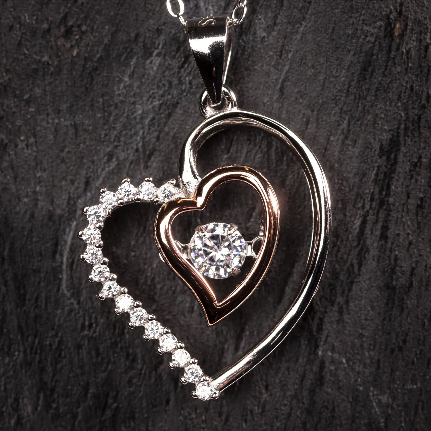 Halskette - Herz mit Zirkonia-Stein und Rosé Herz - 925er Sterling Silber